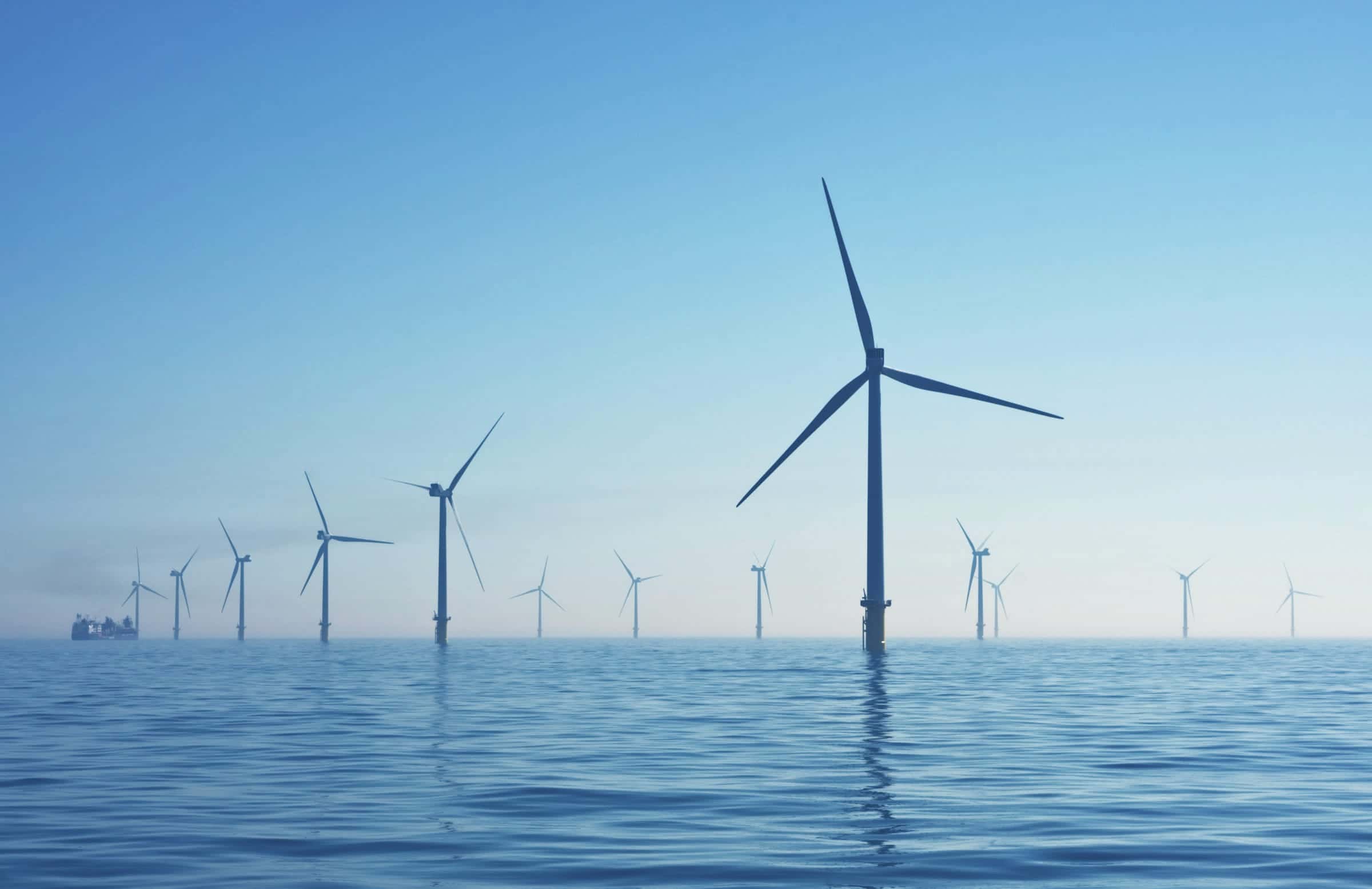 Offshore wind turbines standing in open water